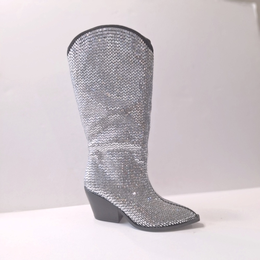 Comfort Est. 1946 NEW Silver Black Rhinestone Retro Cowboy Heeled Boots Size 6.5